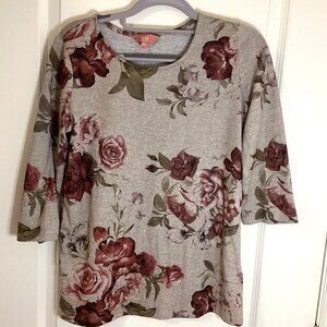 Iyla Women's 3/4 Sleeve Top Sweater Size S/P Floral Roses Earthy Tones Casual
